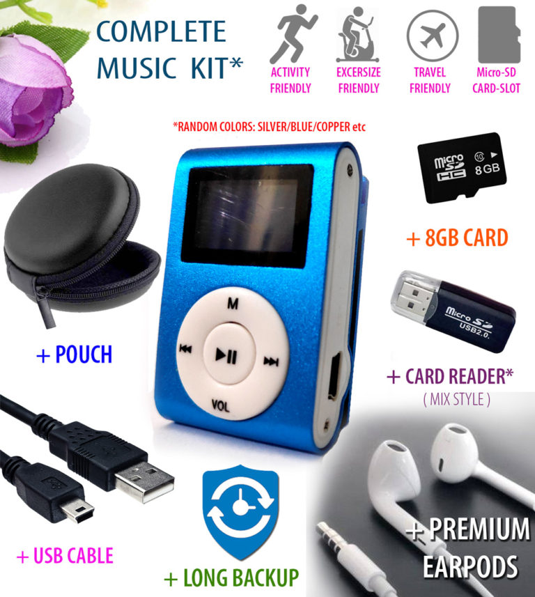 Personal Mp3 Music Player Kit with 8GB Card, Earpod, Card Reader & Case